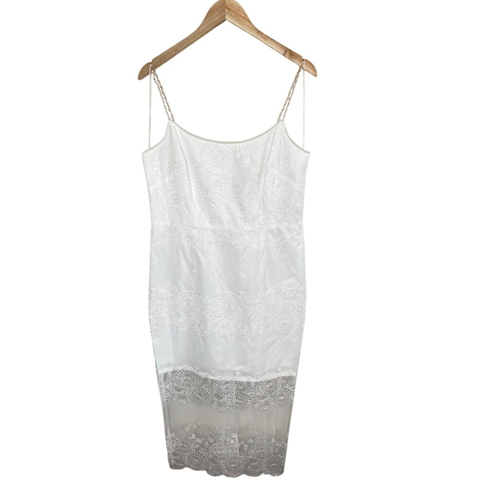 Adrianna Papell Embroidery Ivory Beaded Strap Ankle Sheath Dress Size 14
